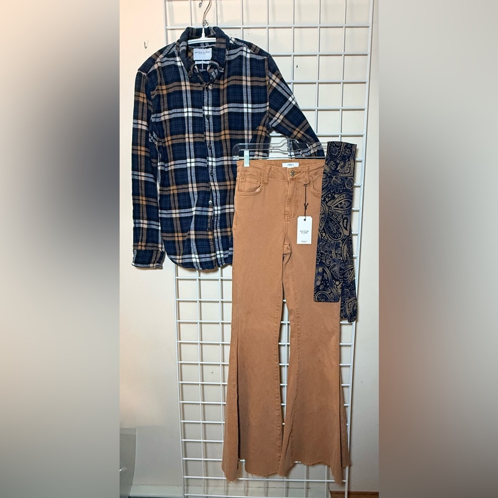 Denim & Flower flannel &  Forever 21 Tan Flare Jeans, finished with a scarf
